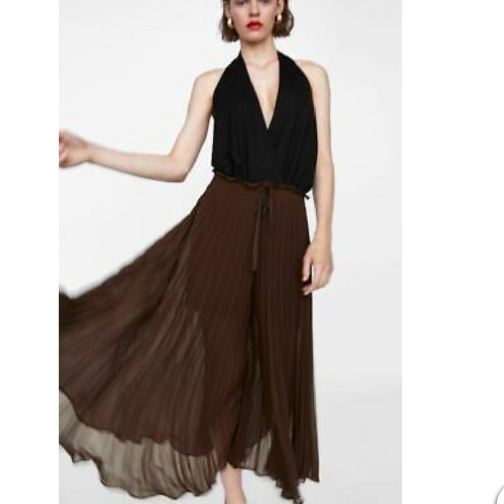 Zara Black Halter Jumpsuit with Brown Wide-Leg Skirt